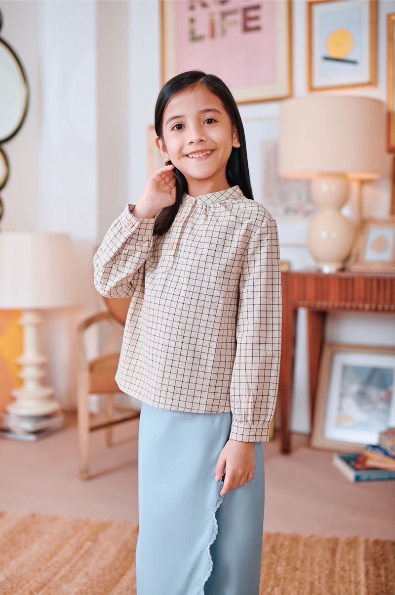 The Narik Peasant Blouse - Blue Checked