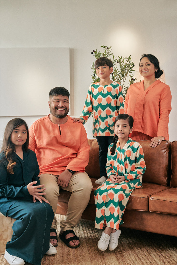 set keluarga baju raya keluarga hijau orange