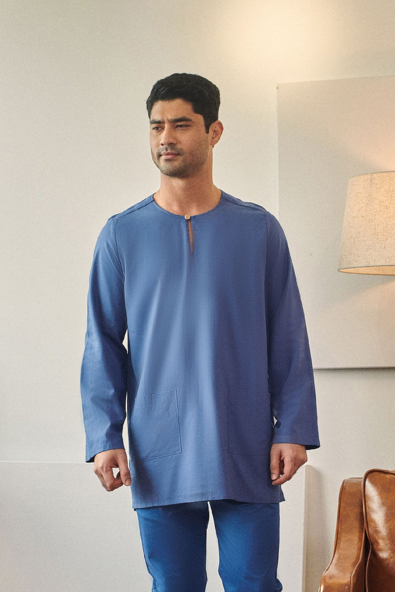 kurta teluk belanga cotton biru