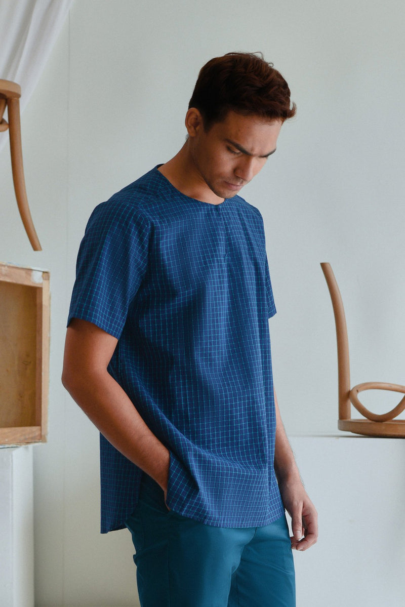 The Sungai Men Short Sleeve Kurta - Ocean Checked