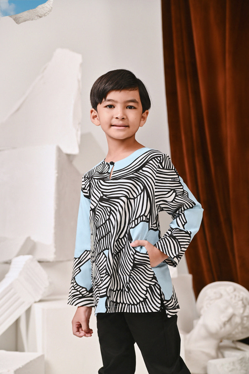 kurta poket bercorak hitam putih budak 