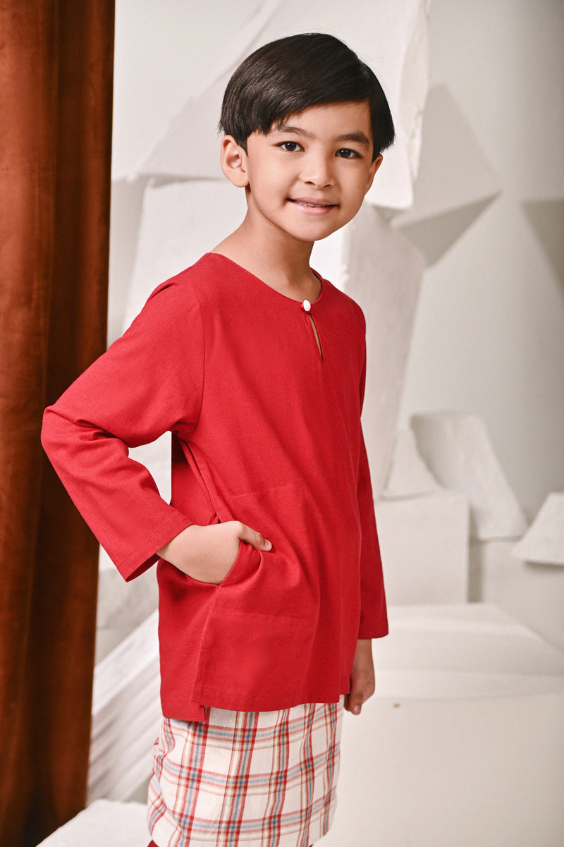 kurta cotton merah budak 