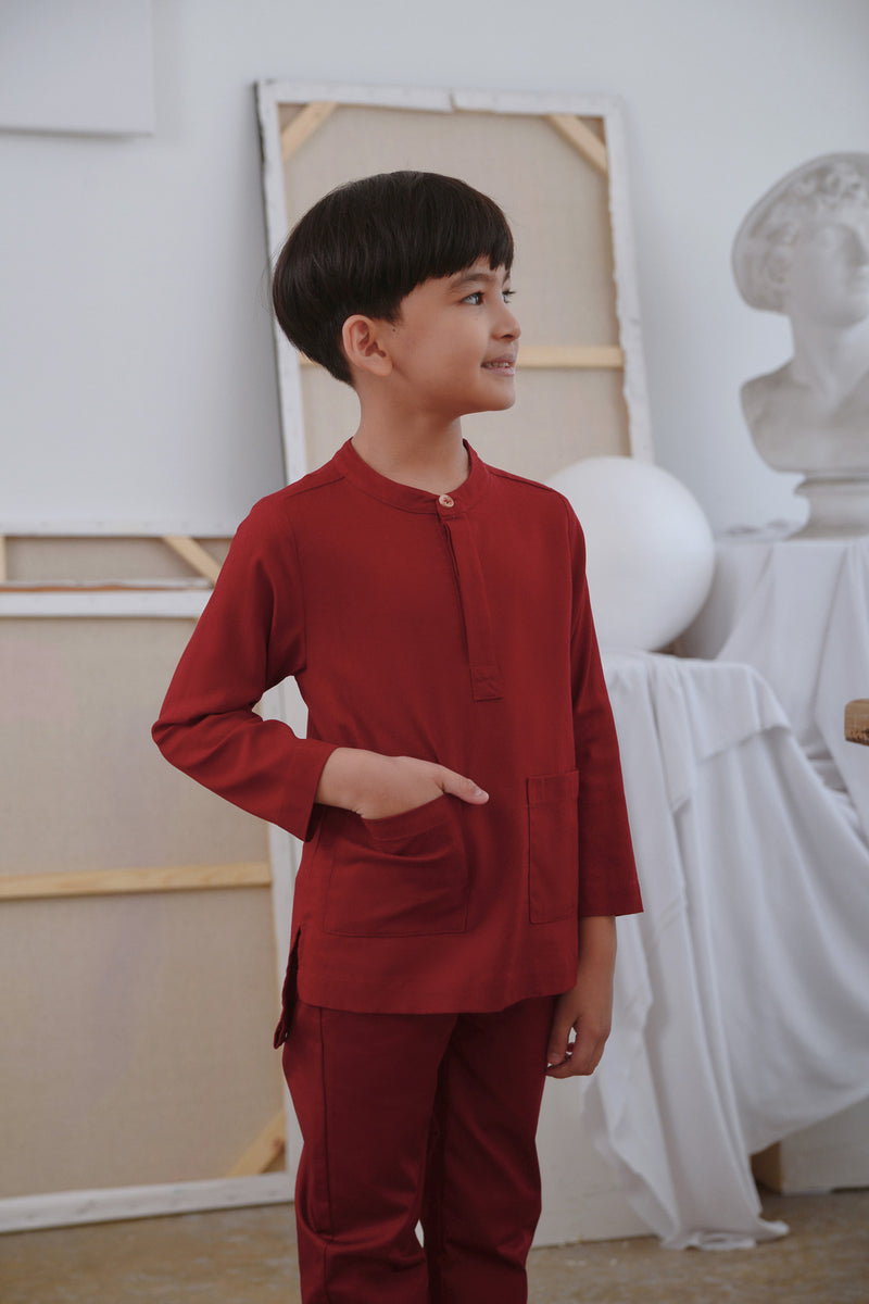 baju melayu cekak musang set maroon budak 