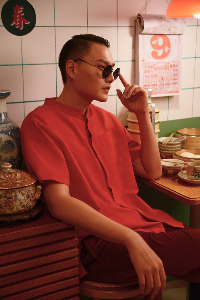 kemeja lengan pendek lelaki merah 