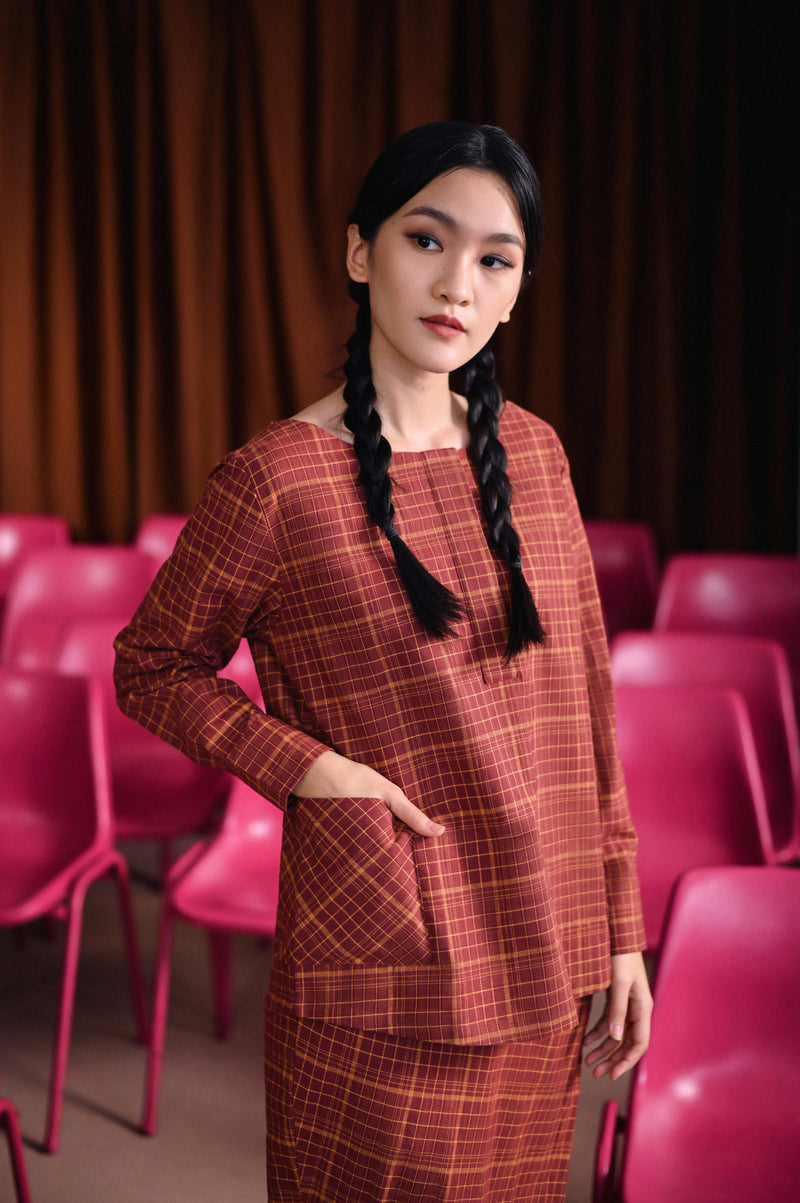 blouse pocket bercorak coklat dewasa 