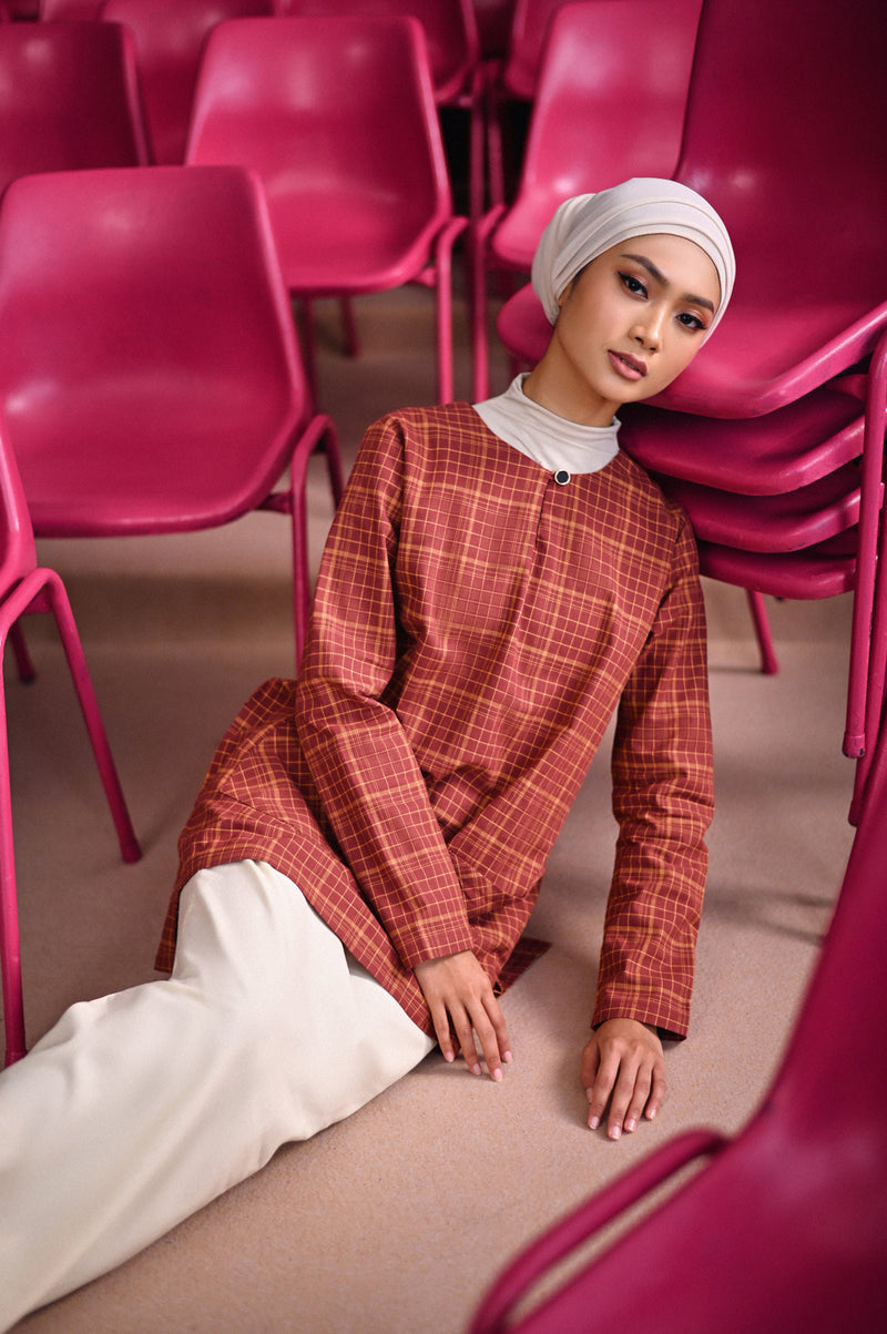 kurti cotton bercorak coklat dewasa