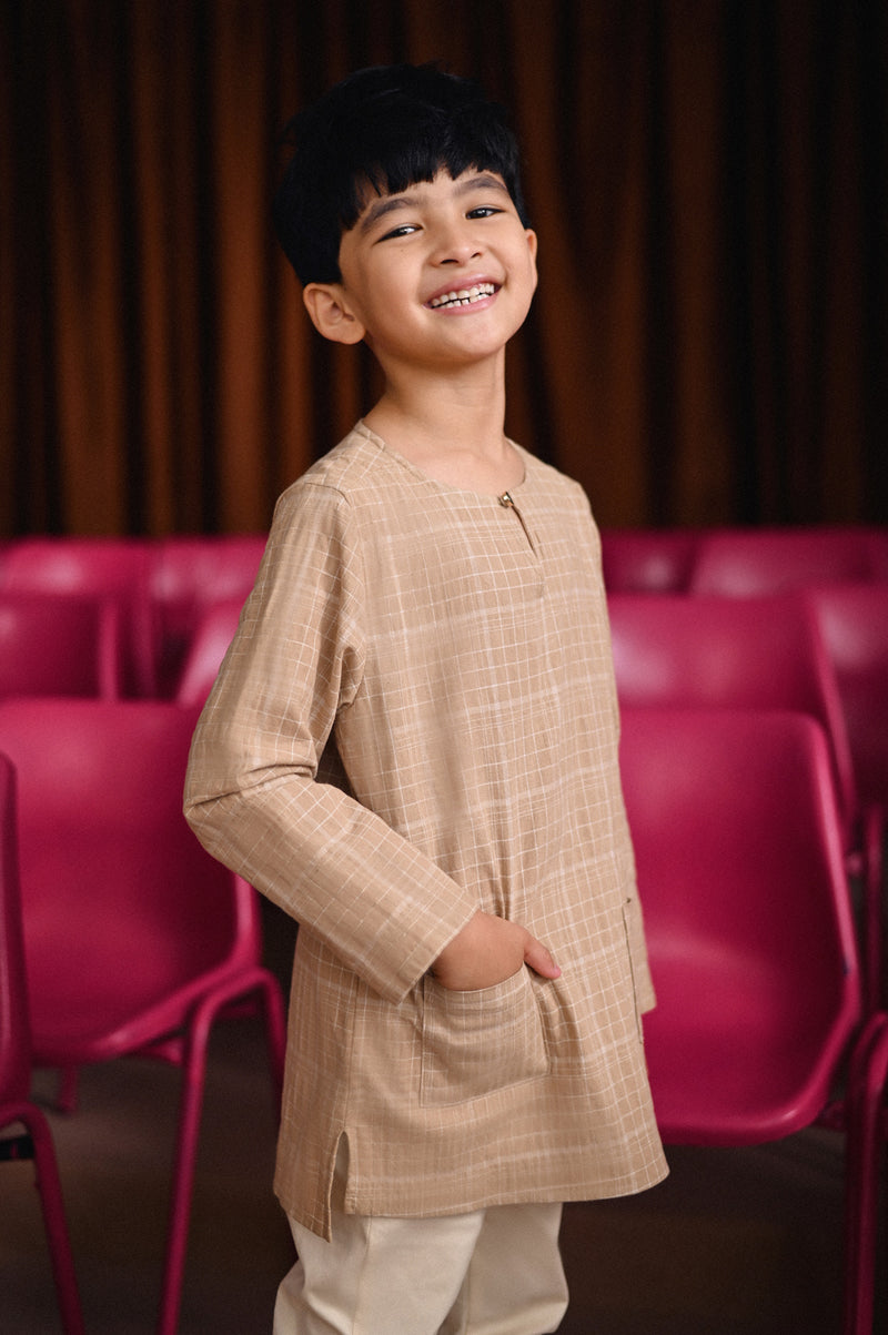 kurta cotton bercorak khaki budak 