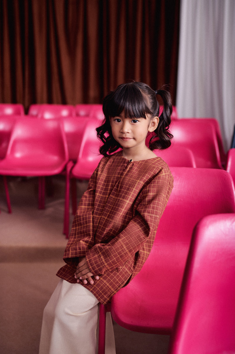 kurti cotton bercorak coklat budak 