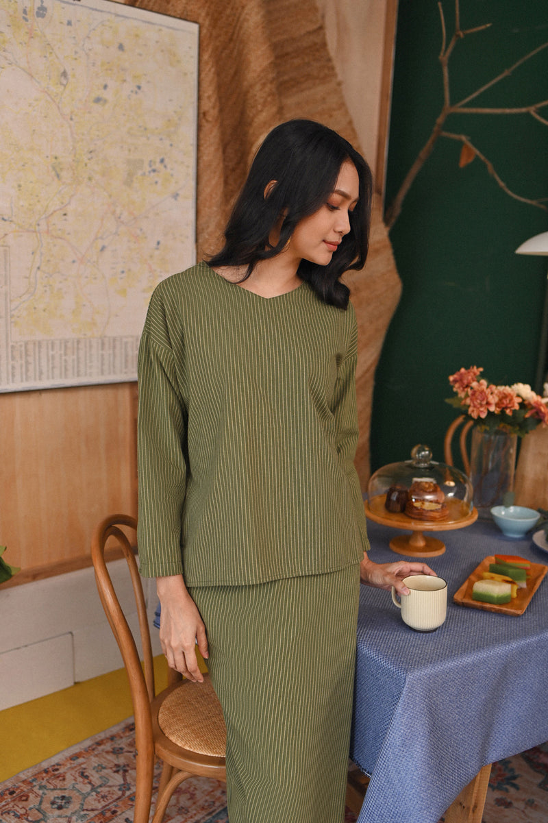 The Tanah Women Selesa Blouse - Olive Stripe