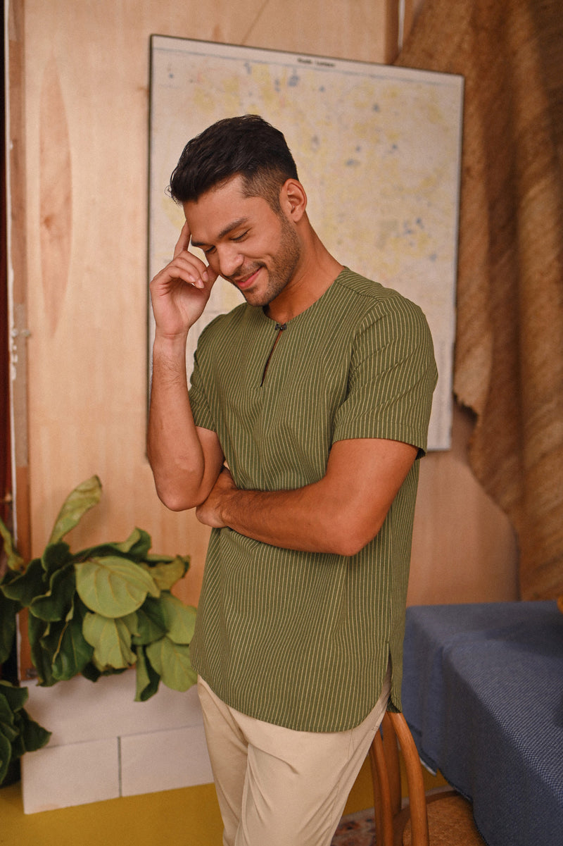 The Tanah Men Short Sleeve Kurta - Olive Stripe