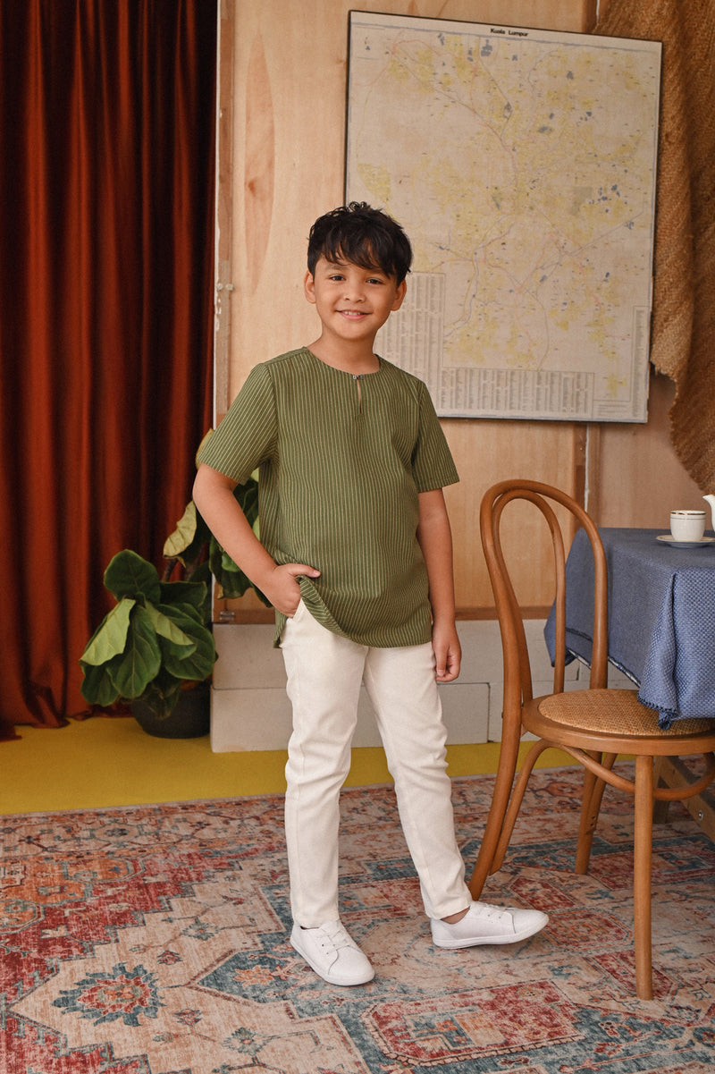 The Tanah Short Sleeve Kurta - Olive Stripe