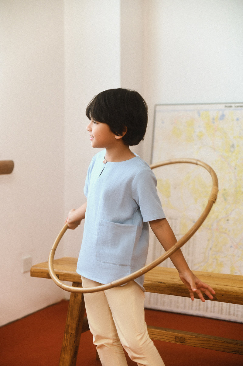 wooden button shirt in dusty blue 