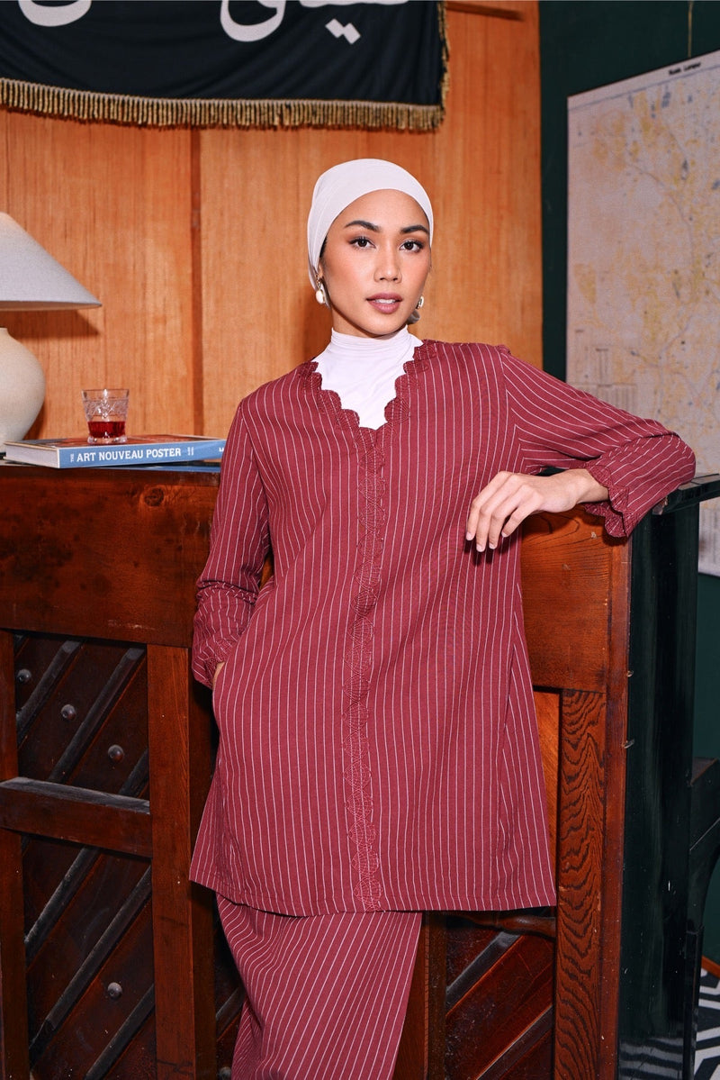 The Congkak Women Scallop Kurung Top - Maroon Stripe