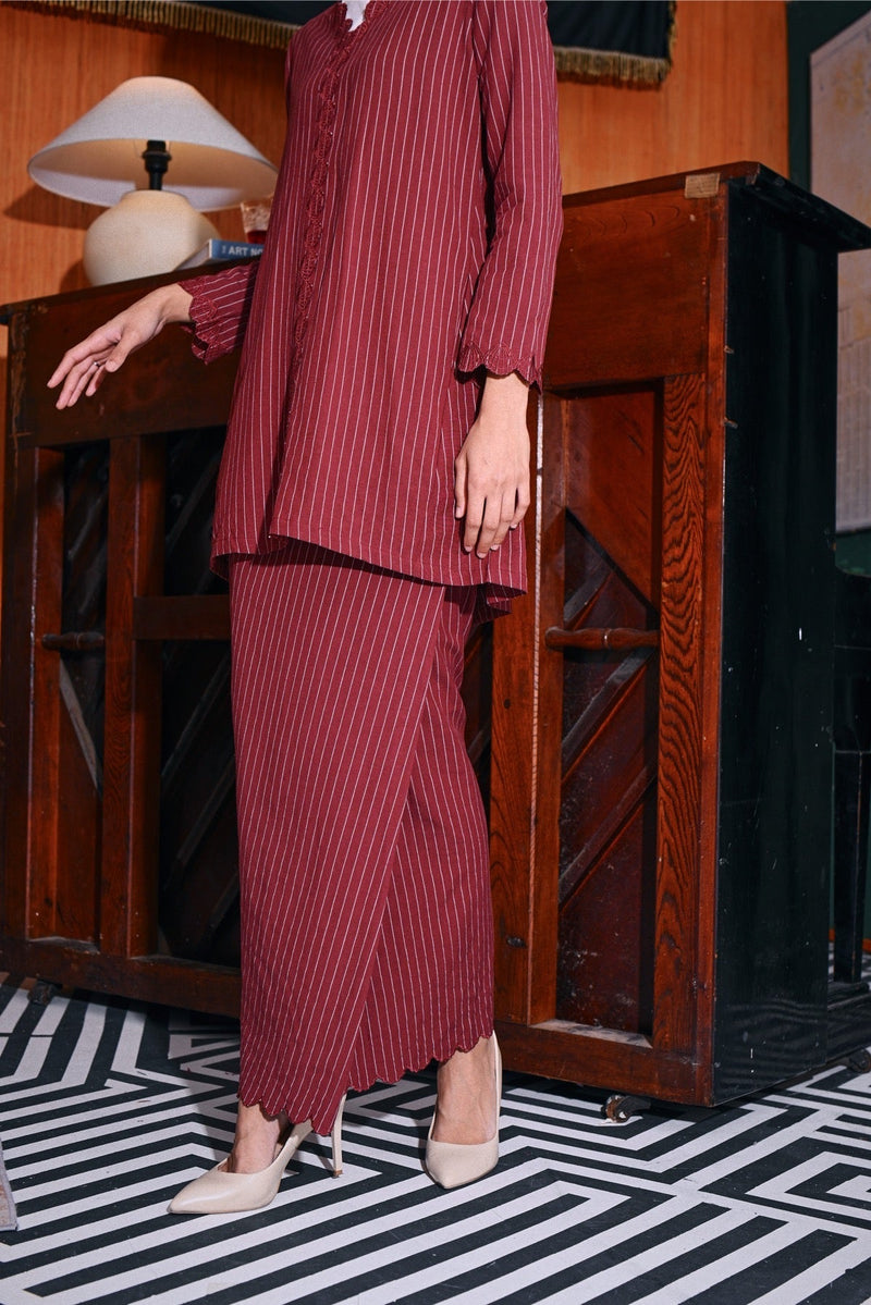 The Congkak Women Folded Skirt - Maroon Stripe