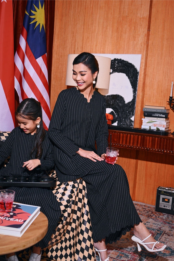 The Congkak Women Folded Skirt - Black Stripe