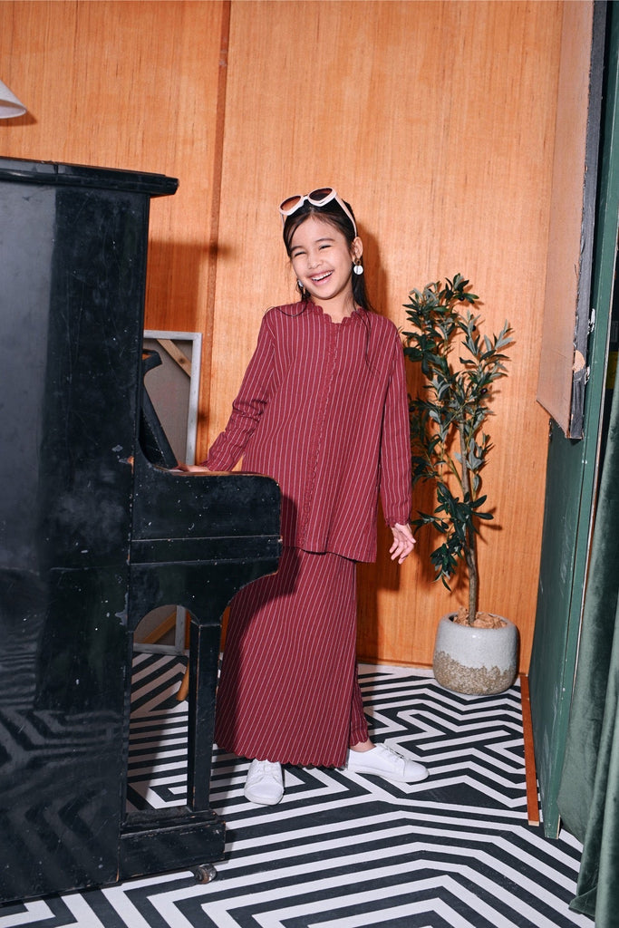 The Congkak Folded Skirt - Maroon Stripe