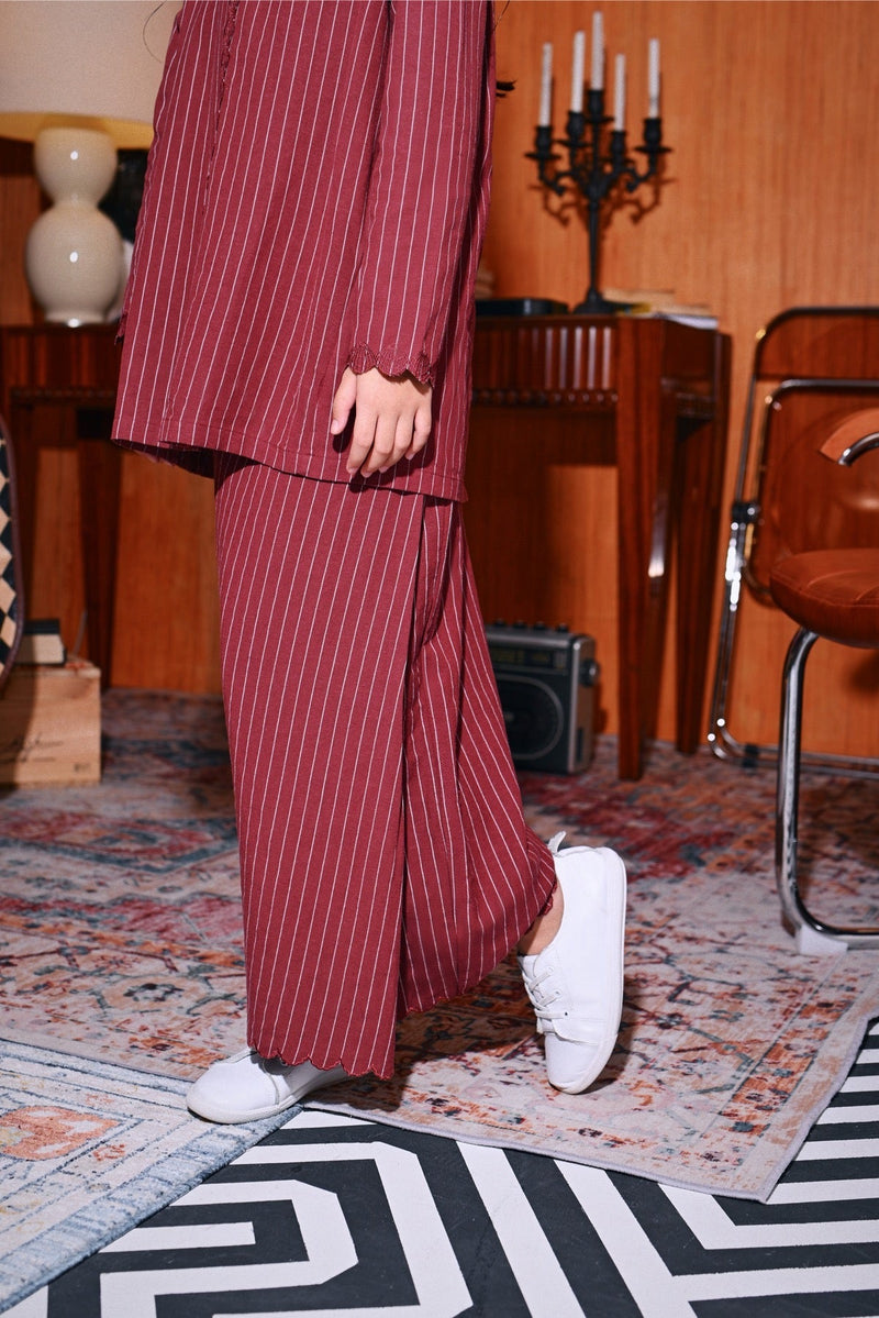 The Congkak Folded Skirt - Maroon Stripe