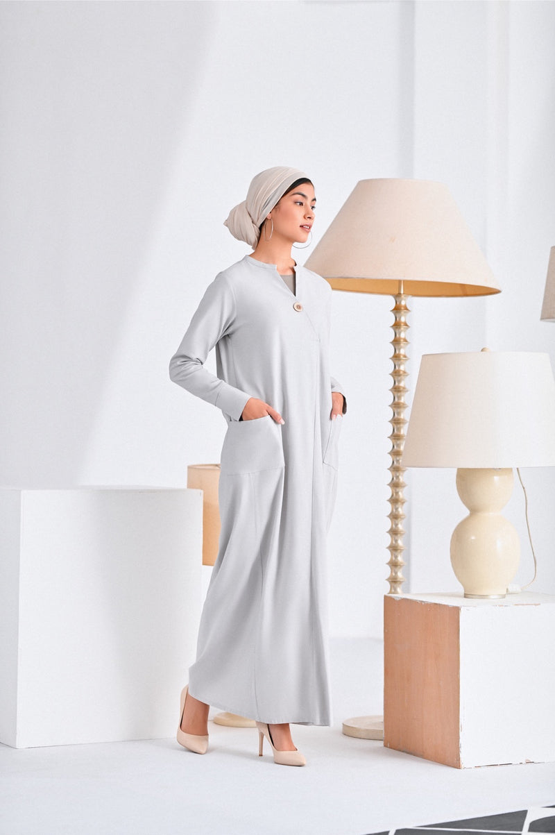 kaftan moden selesa kelabu cair perempuan 
