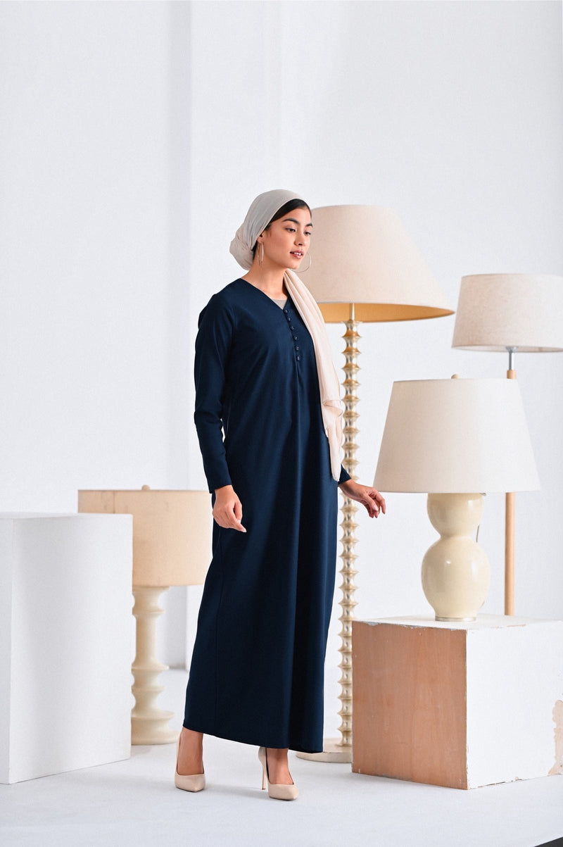 kaftan biru gelap butang perempuan 