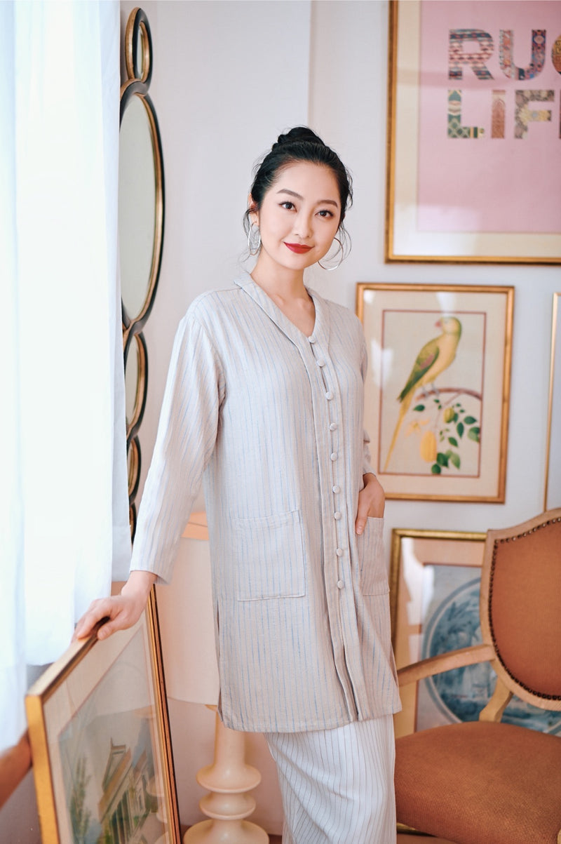 kebarung pocket moden bercorak jalur nude perempuan 