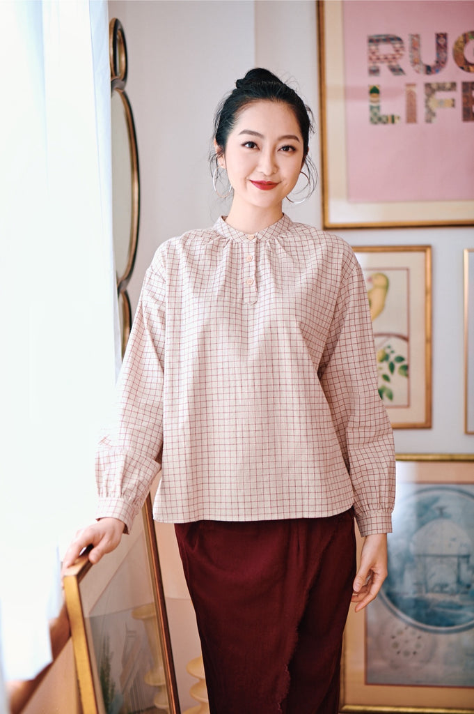 The Narik Women Peasant Blouse - Red Checked