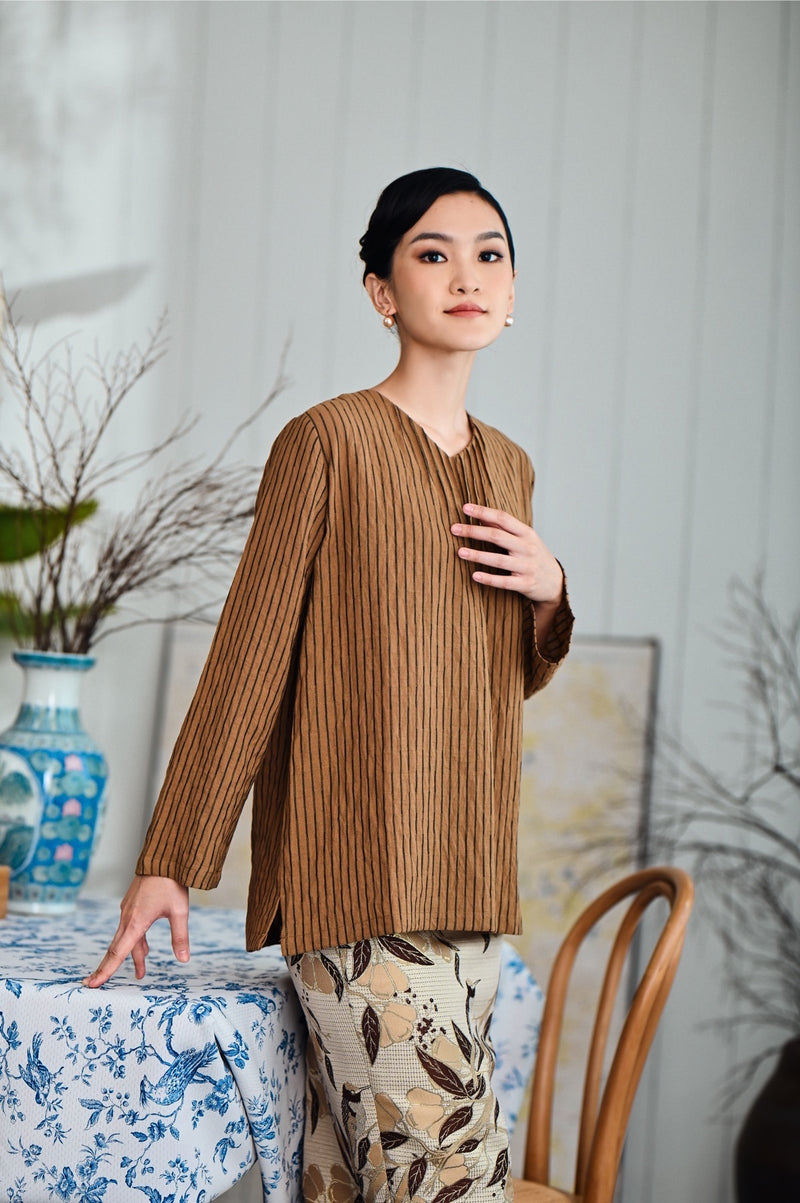 The Evergreen Women Pin-Tucks Blouse - Earth Stripe