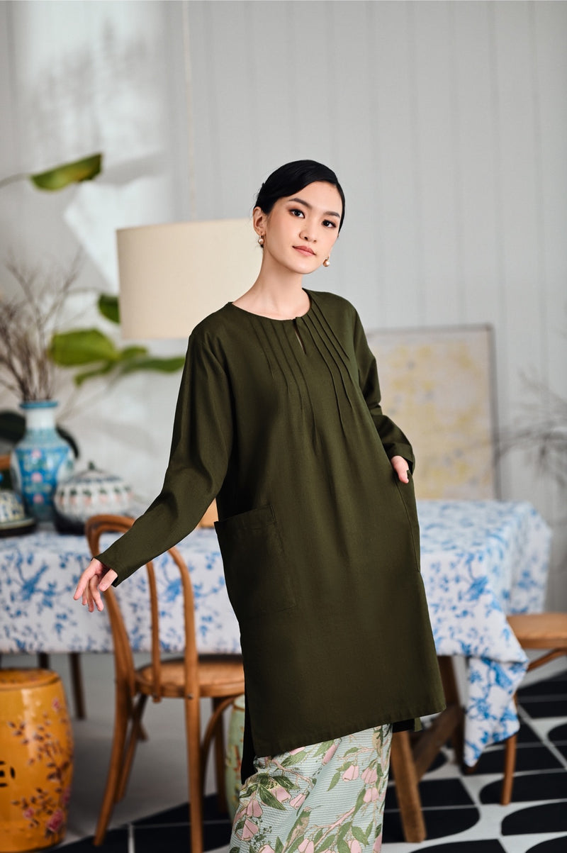 The Evergreen Women Pin-Tucks Kurung Top - Olive