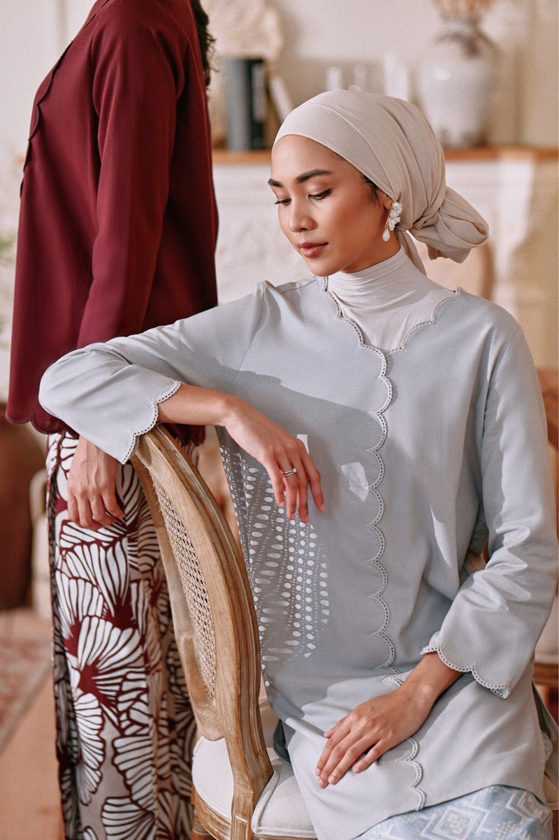 The Menuai Women Broderie Kurung Top - Light Grey