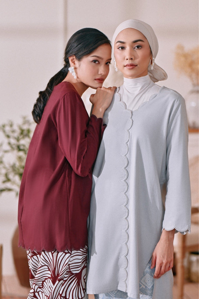 The Menuai Women Broderie Kurung Top - Light Grey