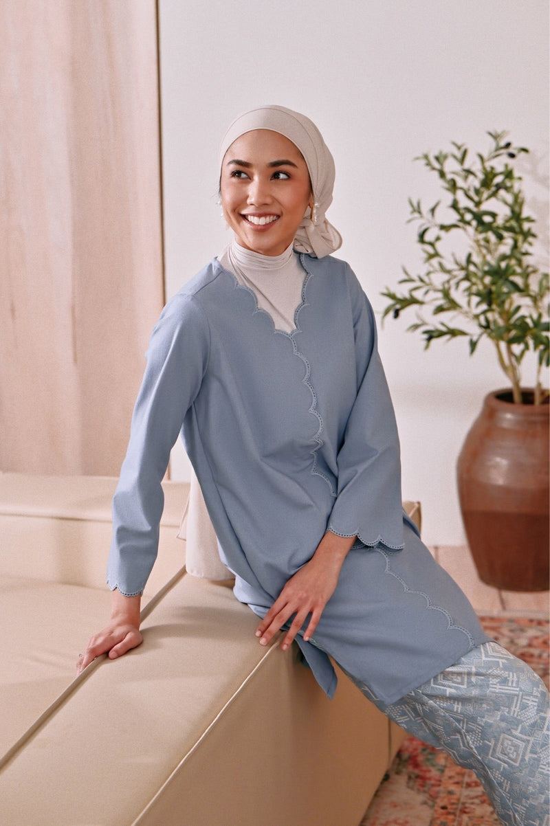 The Menuai Women Broderie Kurung Top - Light Pigeon Blue
