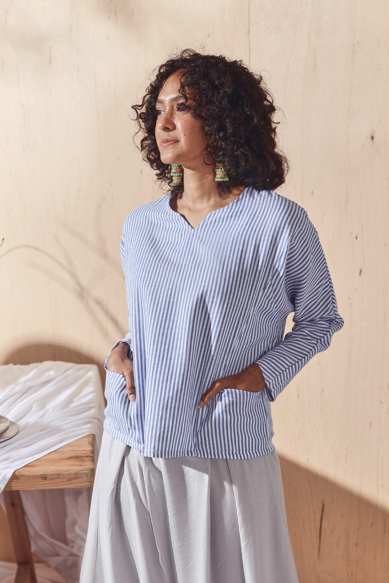 The Balik Women Dolman Sleeve Blouse - Oxford Stripe